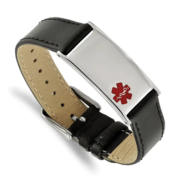 Chisel Stainless Steel Polished with Red Enamel Medical ID Black Leather Adjustable 65 to 825 inch Bracelet TreasureFineJewelers Bracelets Chisel Stainless Steel Polished with Red Enamel Medical ID Black Leather Adjustable 65 to 825 inch Bracelet TreasureFineJewelers Bracelets
