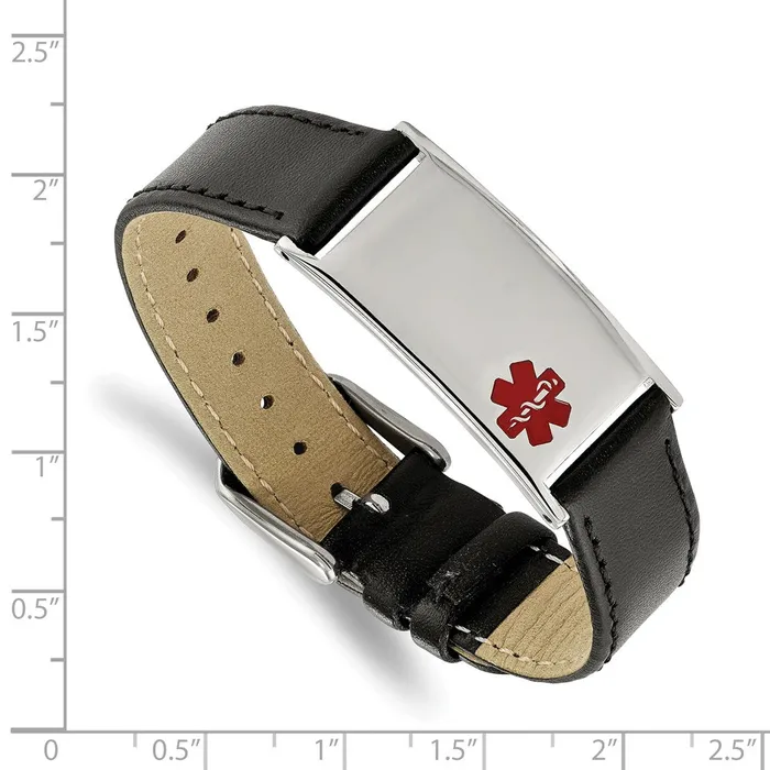 Chisel Stainless Steel Polished with Red Enamel Medical ID Black Leather Adjustable 65 to 825 inch Bracelet TreasureFineJewelers Bracelets