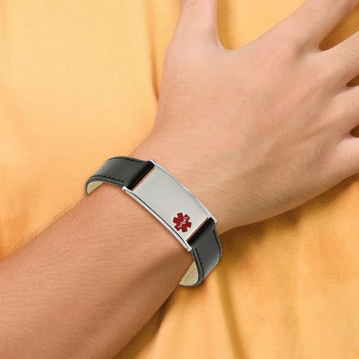 Chisel Stainless Steel Polished with Red Enamel Medical ID Black Leather Adjustable 65 to 825 inch Bracelet TreasureFineJewelers Bracelets