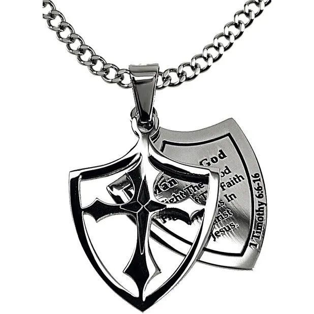 Necklaces North Arrow Shop Man Of God Fight Necklace Two Piece Cross Shield with Bible Verse Stainless Steel Curb Chain