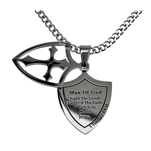 Necklaces North Arrow Shop Man Of God Fight Necklace Two Piece Cross Shield with Bible Verse Stainless Steel Curb Chain Necklaces North Arrow Shop Man Of God Fight Necklace Two Piece Cross Shield with Bible Verse Stainless Steel Curb Chain