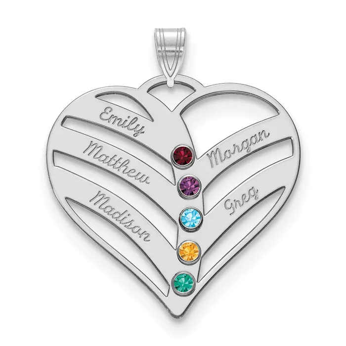Necklaces TreasureFineJewelers 10KW 5 Name and Birthstone Bezel Cut Out Heart Necklace
