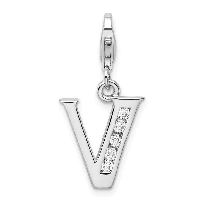 Necklaces TreasureFineJewelers Amore La Vita Sterling Silver Rhodiumplated Polished CZ Letter V Initial Charm with Fancy Lobster Clasp Necklaces TreasureFineJewelers Amore La Vita Sterling Silver Rhodiumplated Polished CZ Letter V Initial Charm with Fancy Lobster Clasp
