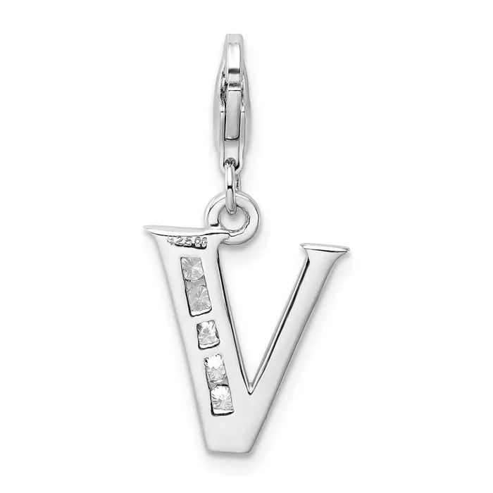 Necklaces TreasureFineJewelers Amore La Vita Sterling Silver Rhodiumplated Polished CZ Letter V Initial Charm with Fancy Lobster Clasp
