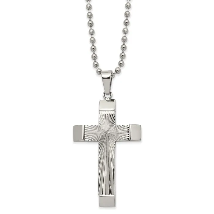 Necklaces TreasureFineJewelers Chisel Stainless Steel Polished and Textured Starburst Cross Pendant on a 22 inch Ball Chain Necklace Necklaces TreasureFineJewelers Chisel Stainless Steel Polished and Textured Starburst Cross Pendant on a 22 inch Ball Chain Necklace