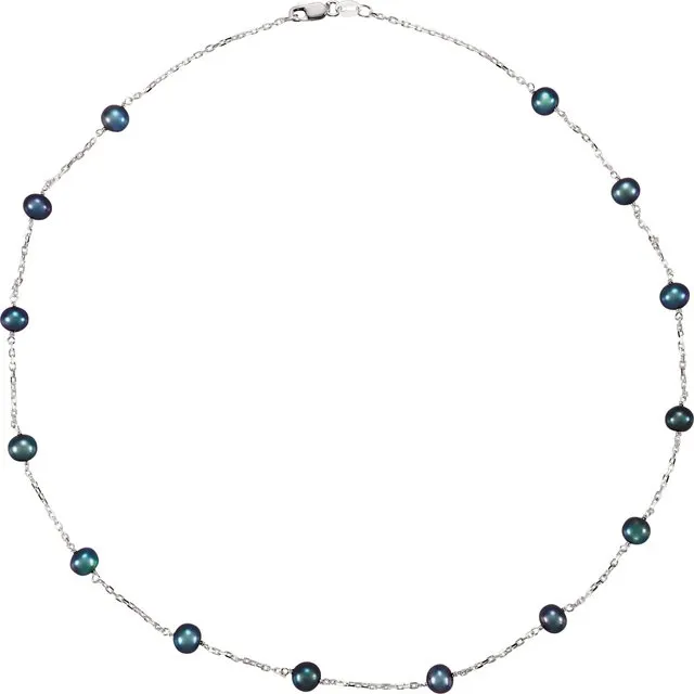 Sterling Silver Cultured Black Freshwater Pearl 14Station 18 Necklace TreasureFineJewelers Necklaces