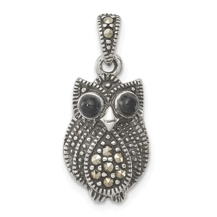 Sterling Silver Marcasite and Black Agate Owl Pendant TreasureFineJewelers Necklaces Sterling Silver Marcasite and Black Agate Owl Pendant TreasureFineJewelers Necklaces