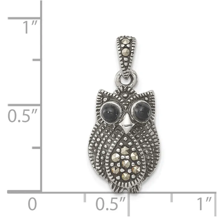 Sterling Silver Marcasite and Black Agate Owl Pendant TreasureFineJewelers Necklaces