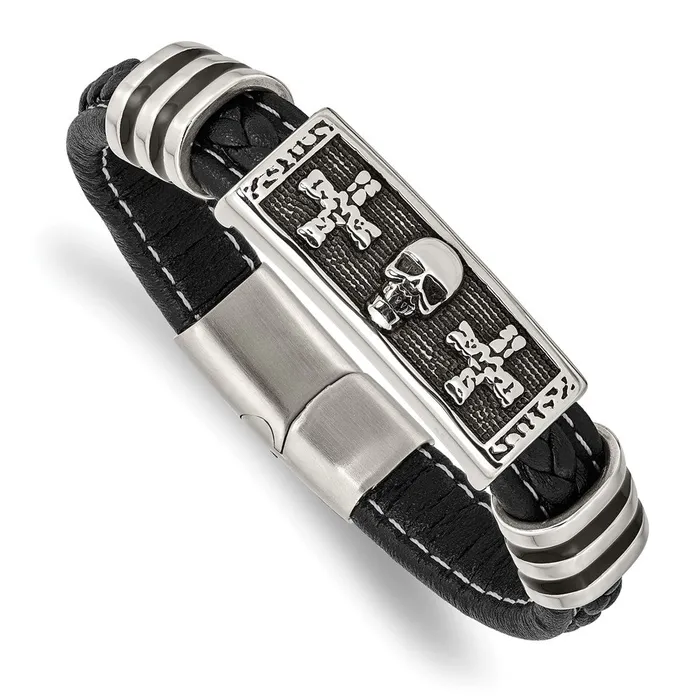 TreasureFineJewelers Bracelets Chisel Stainless Steel Antiqued and Polished Enameled Skull with Crosses Black Braided Faux Leather 85 inch Bracelet TreasureFineJewelers Bracelets Chisel Stainless Steel Antiqued and Polished Enameled Skull with Crosses Black Braided Faux Leather 85 inch Bracelet