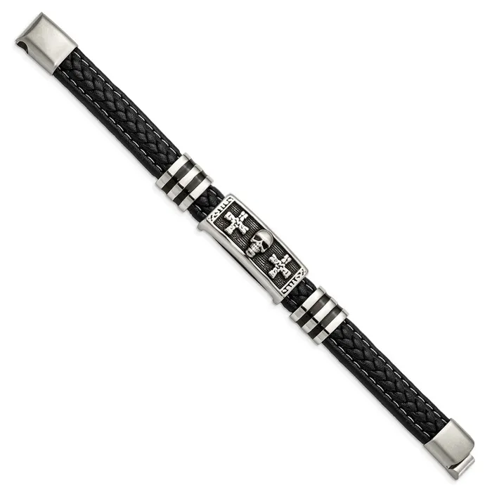 TreasureFineJewelers Bracelets Chisel Stainless Steel Antiqued and Polished Enameled Skull with Crosses Black Braided Faux Leather 85 inch Bracelet