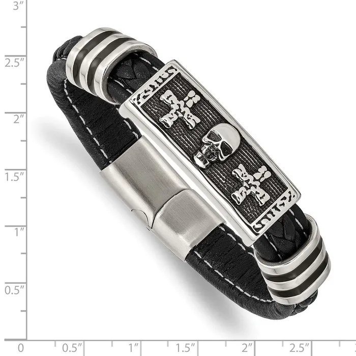 TreasureFineJewelers Bracelets Chisel Stainless Steel Antiqued and Polished Enameled Skull with Crosses Black Braided Faux Leather 85 inch Bracelet