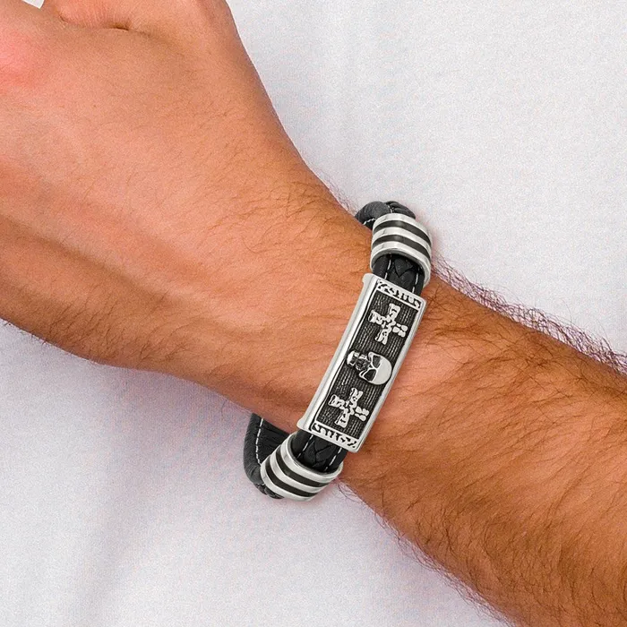 TreasureFineJewelers Bracelets Chisel Stainless Steel Antiqued and Polished Enameled Skull with Crosses Black Braided Faux Leather 85 inch Bracelet