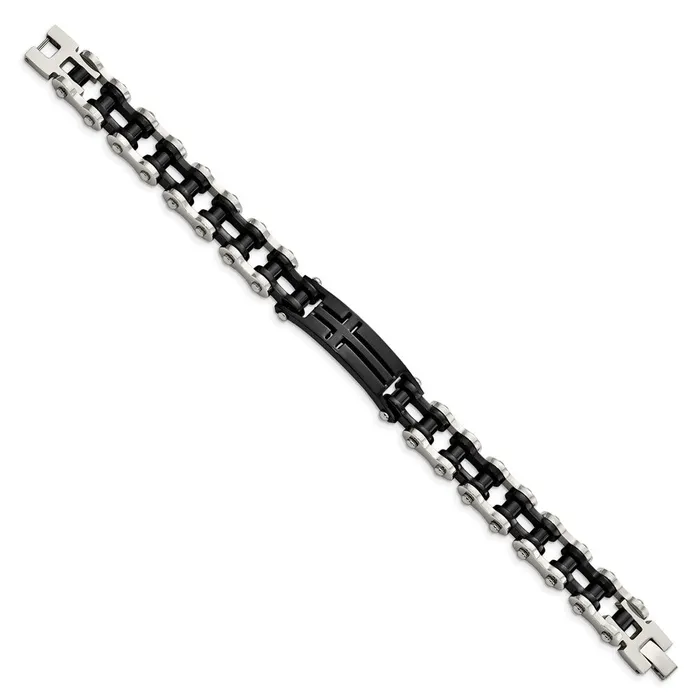 TreasureFineJewelers Bracelets Chisel Stainless Steel Polished Black IPplated 9 inch Cross ID Bracelet