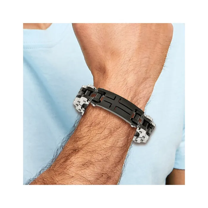 TreasureFineJewelers Bracelets Chisel Stainless Steel Polished Black IPplated 9 inch Cross ID Bracelet
