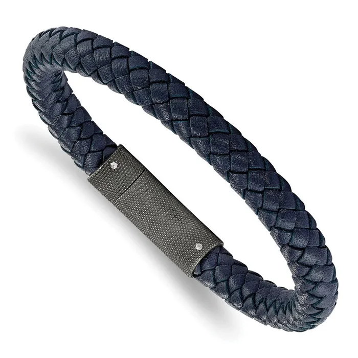 TreasureFineJewelers Bracelets Schisel tainless Steel Brushed Blue Braided Leather 85 inch Bracelet TreasureFineJewelers Bracelets Schisel tainless Steel Brushed Blue Braided Leather 85 inch Bracelet