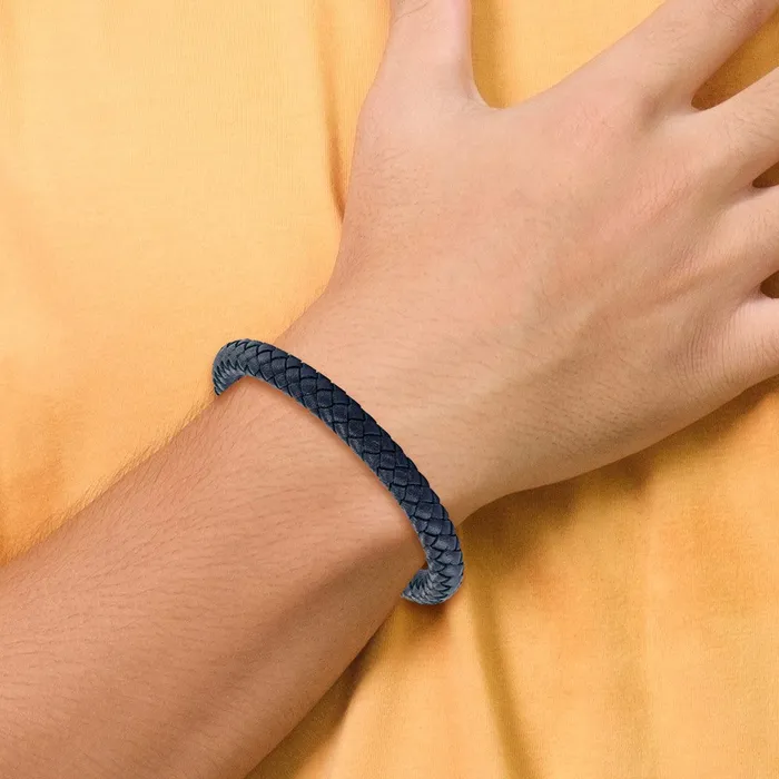 TreasureFineJewelers Bracelets Schisel tainless Steel Brushed Blue Braided Leather 85 inch Bracelet