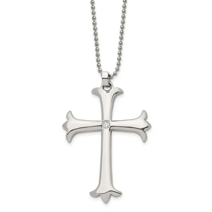 TreasureFineJewelers Chisel Stainless Steel Polished with CZ Cross Pendant on a 22 inch Ball Chain Necklace Necklaces TreasureFineJewelers Chisel Stainless Steel Polished with CZ Cross Pendant on a 22 inch Ball Chain Necklace Necklaces