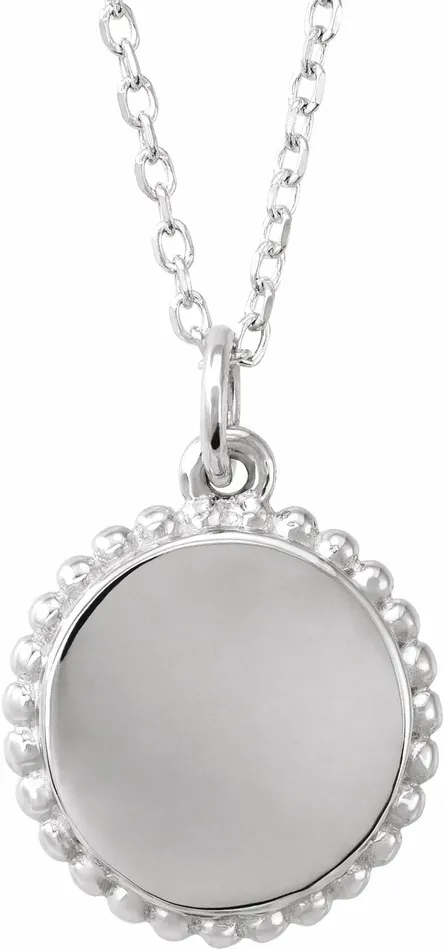 TreasureFineJewelers Necklaces 14K White Gold Engravable Beaded Disc 1618 Necklace