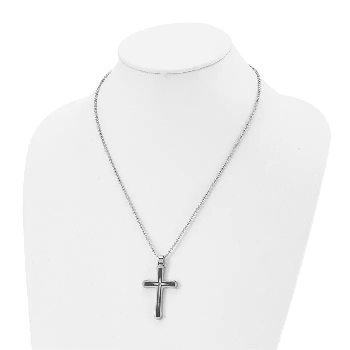 TreasureFineJewelers Necklaces Chisel Stainless Steel Brushed and Polished Black IPplated with CZ Cross Pendant on a 20 inch Ball Chain Necklace