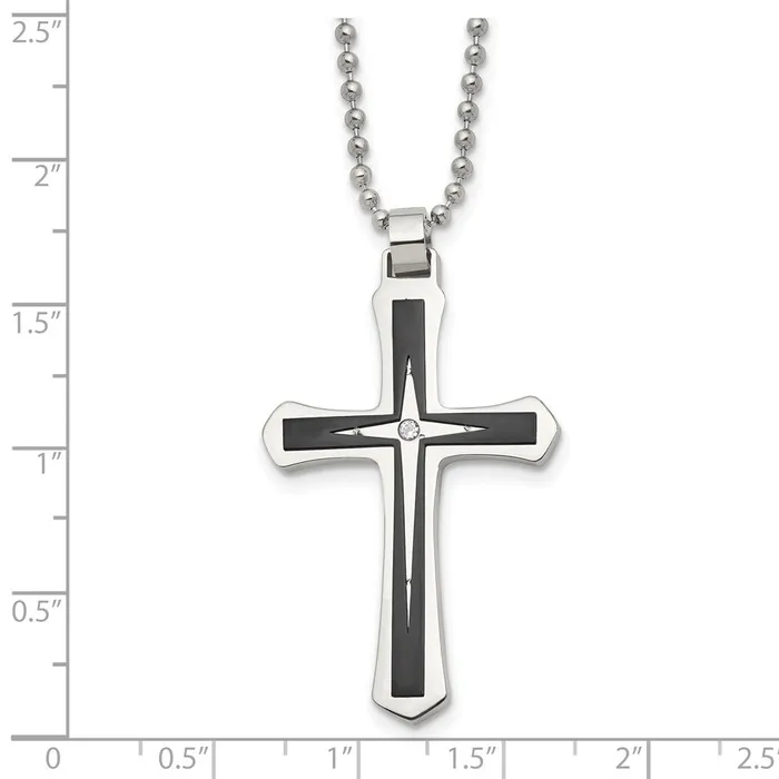 TreasureFineJewelers Necklaces Chisel Stainless Steel Brushed and Polished Black IPplated with CZ Cross Pendant on a 20 inch Ball Chain Necklace
