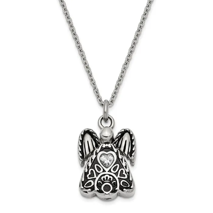 TreasureFineJewelers Necklaces Sentimental Expressions Stainless Steel Clear CZ April Birthstone Antiqued Angel Ash Holder 18 inch Necklace TreasureFineJewelers Necklaces Sentimental Expressions Stainless Steel Clear CZ April Birthstone Antiqued Angel Ash Holder 18 inch Necklace