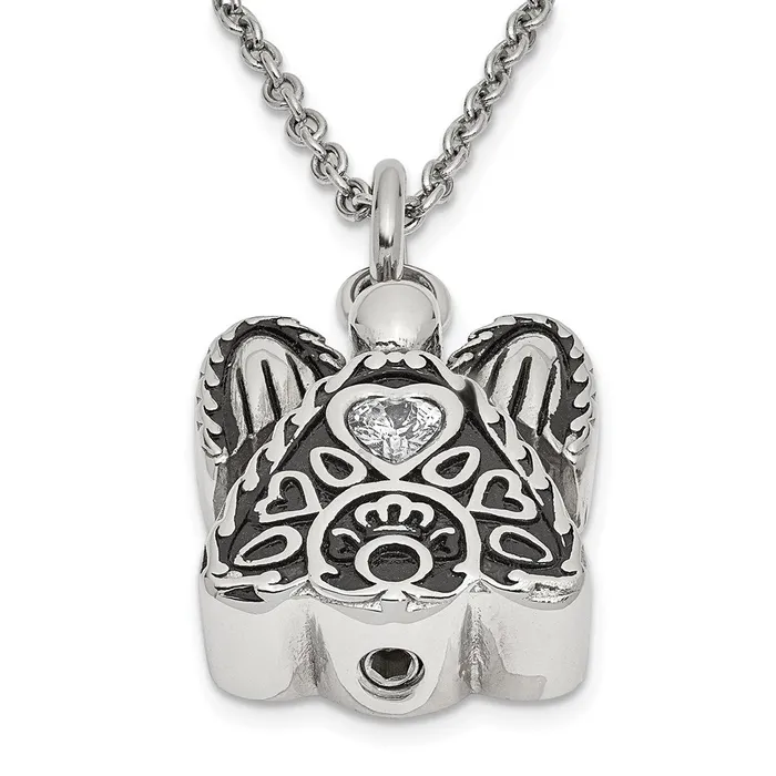 TreasureFineJewelers Necklaces Sentimental Expressions Stainless Steel Clear CZ April Birthstone Antiqued Angel Ash Holder 18 inch Necklace