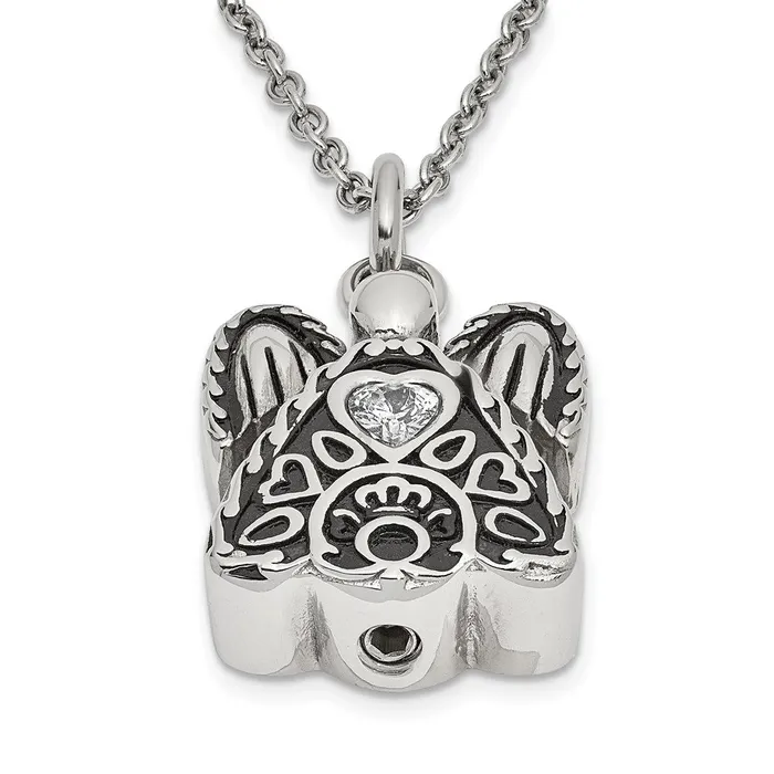 TreasureFineJewelers Necklaces Sentimental Expressions Stainless Steel Clear CZ April Birthstone Antiqued Angel Ash Holder 18 inch Necklace