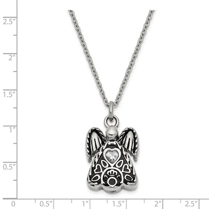 TreasureFineJewelers Necklaces Sentimental Expressions Stainless Steel Clear CZ April Birthstone Antiqued Angel Ash Holder 18 inch Necklace