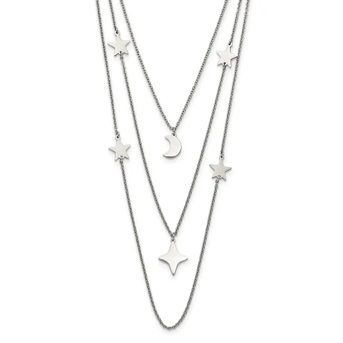 TreasureFineJewelers Necklaces Stainless Steel Polished Stars Moon Multi Strand w175in ext Necklace TreasureFineJewelers Necklaces Stainless Steel Polished Stars Moon Multi Strand w175in ext Necklace