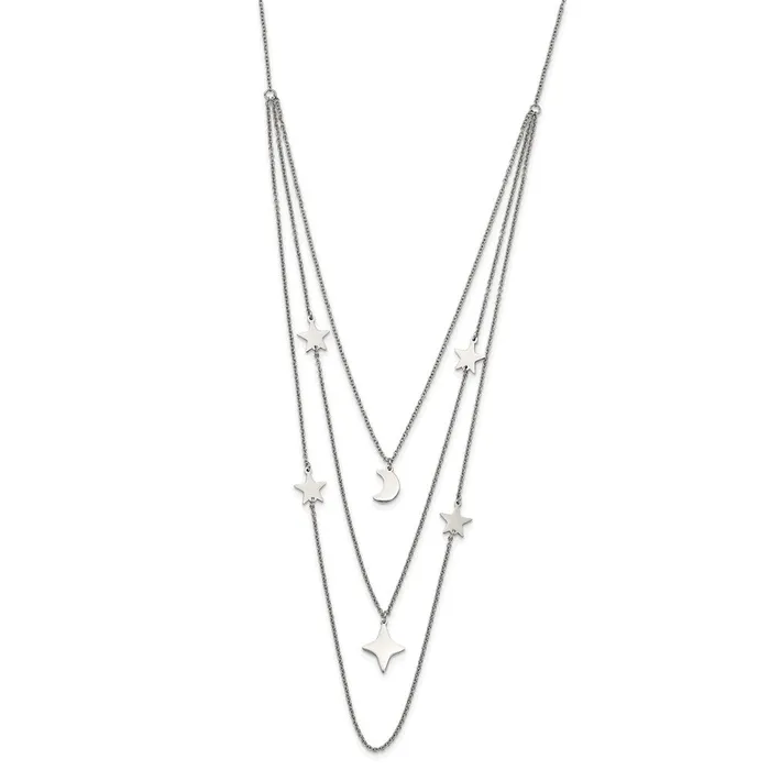 TreasureFineJewelers Necklaces Stainless Steel Polished Stars Moon Multi Strand w175in ext Necklace