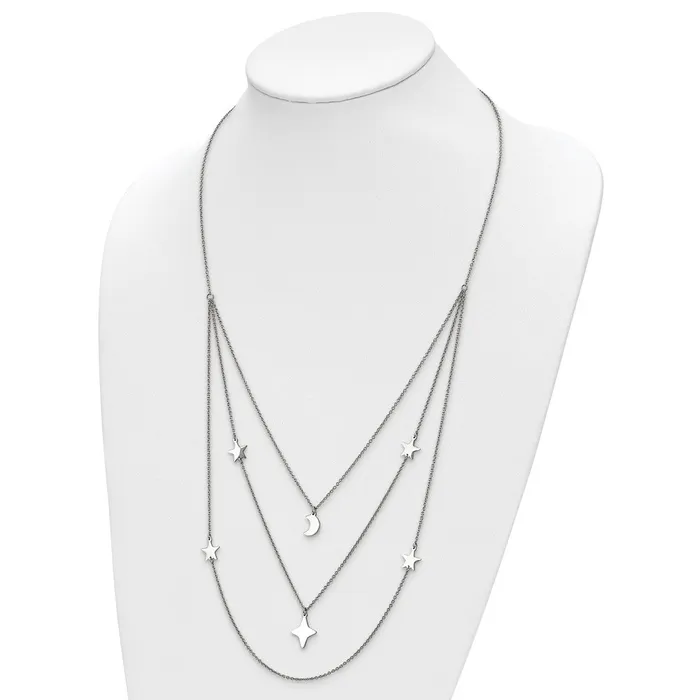 TreasureFineJewelers Necklaces Stainless Steel Polished Stars Moon Multi Strand w175in ext Necklace