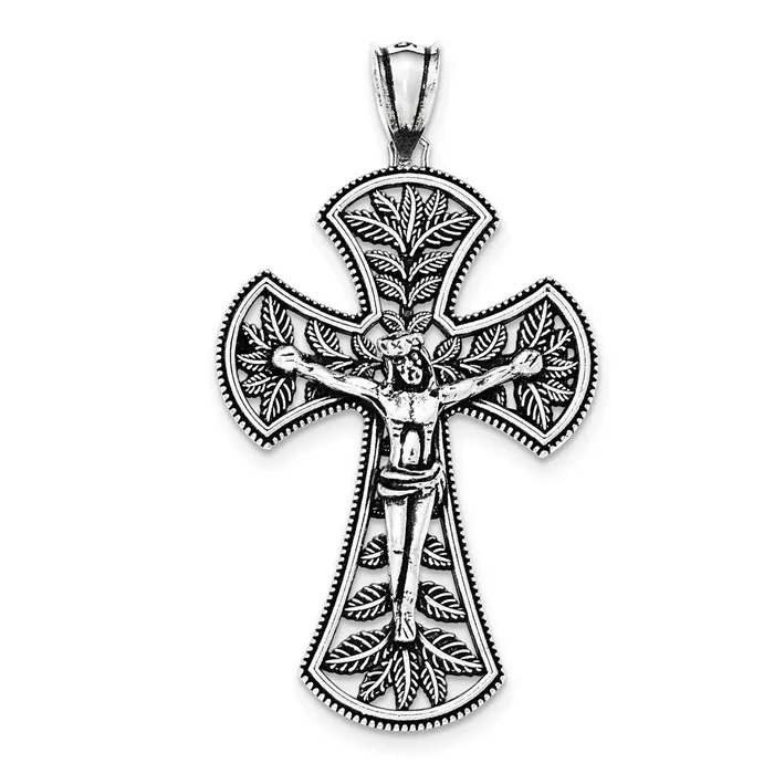 TreasureFineJewelers Necklaces Sterling Silver Antiqued Leaf Large INRI Crucifix Pendant TreasureFineJewelers Necklaces Sterling Silver Antiqued Leaf Large INRI Crucifix Pendant