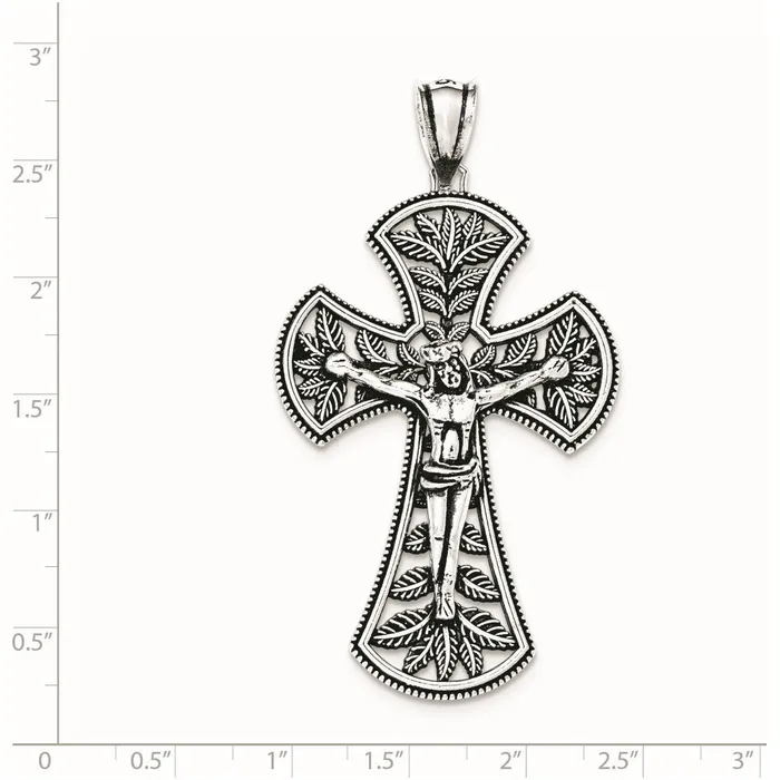 TreasureFineJewelers Necklaces Sterling Silver Antiqued Leaf Large INRI Crucifix Pendant