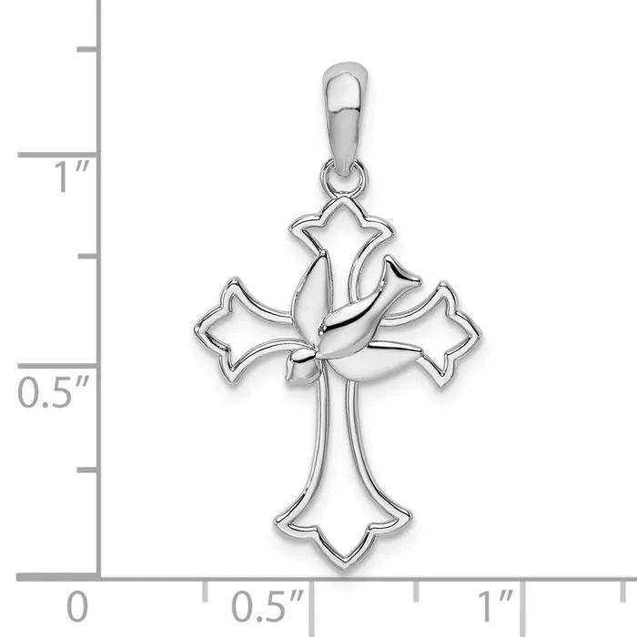 TreasureFineJewelers Sterling Silver Polished Cutout Fleur de Lis Cross wDove Pendant Necklaces