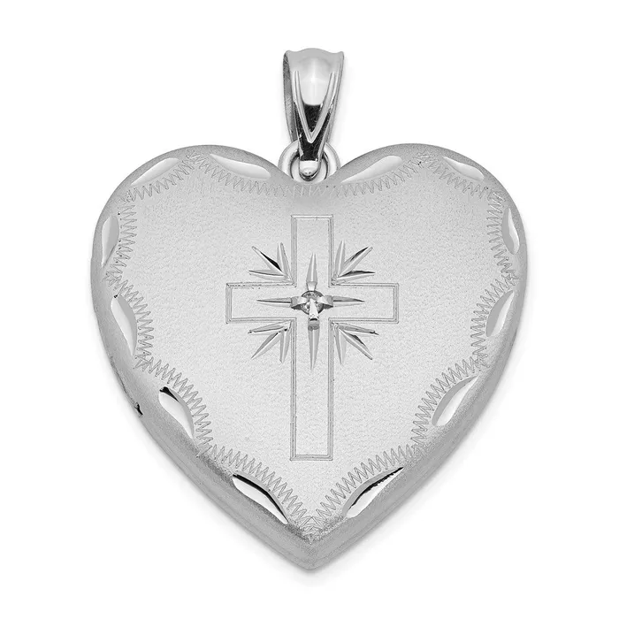 TreasureFineJewelers Sterling Silver RHplated 24mm Satin DC w Diamond Cross Heart Locket Necklaces TreasureFineJewelers Sterling Silver RHplated 24mm Satin DC w Diamond Cross Heart Locket Necklaces