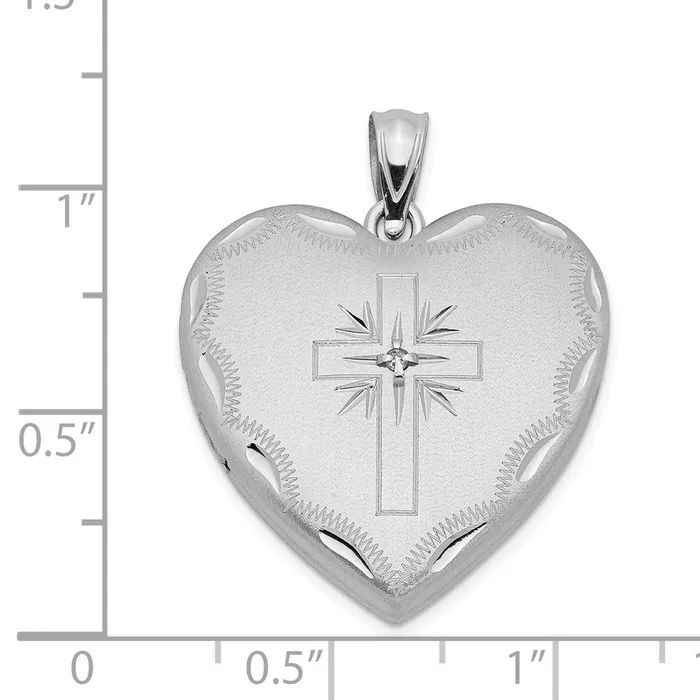 TreasureFineJewelers Sterling Silver RHplated 24mm Satin DC w Diamond Cross Heart Locket Necklaces