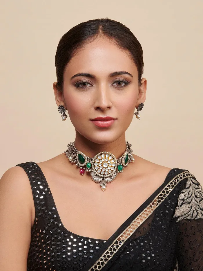 Curio Cottage Aria Oxidised and Kundan Green Stone Necklace Set Necklaces Curio Cottage Aria Oxidised and Kundan Green Stone Necklace Set Necklaces