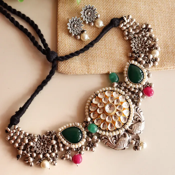 Curio Cottage Aria Oxidised and Kundan Green Stone Necklace Set Necklaces Curio Cottage Aria Oxidised and Kundan Green Stone Necklace Set Necklaces