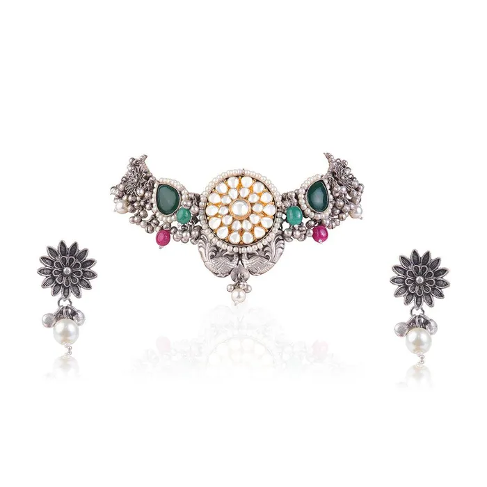 Curio Cottage Aria Oxidised and Kundan Green Stone Necklace Set Necklaces Curio Cottage Aria Oxidised and Kundan Green Stone Necklace Set Necklaces
