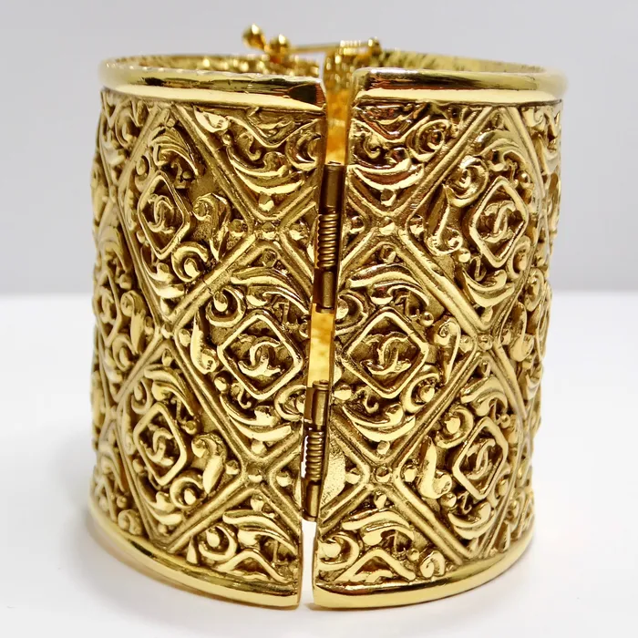 Chanel Vintage Gold Tone CC Hinged Bangle Bracelet Vintage by Misty Bracelets
