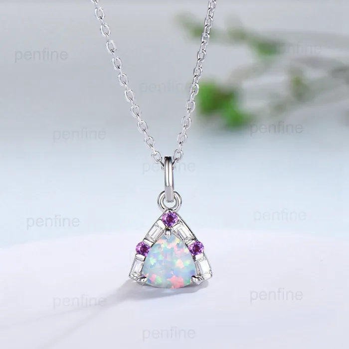Necklaces PENFINE Trilliant Opal Amethyst pendant necklace vintage baguette moissanite pendant silver white gold fire opal necklace Engagement Gift For Women Necklaces PENFINE Trilliant Opal Amethyst pendant necklace vintage baguette moissanite pendant silver white gold fire opal necklace Engagement Gift For Women