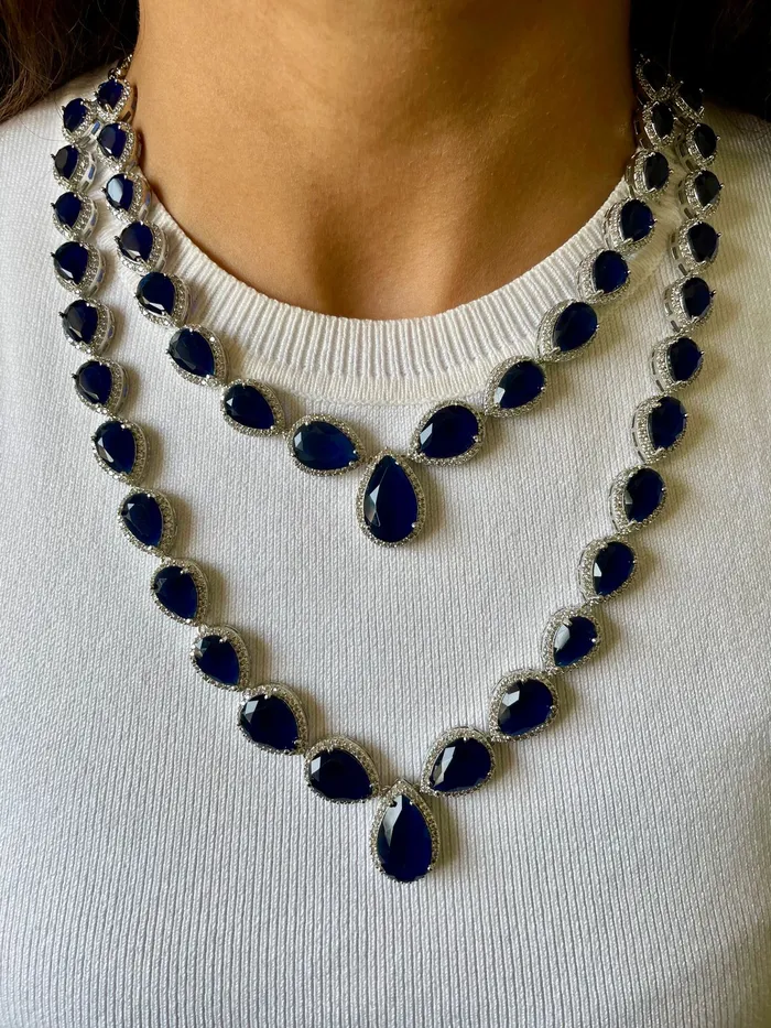Necklaces PRERTO ECOMMERCE PRIVATE LIMITED 2 Layer Statement Sapphire Tear Drop Necklace Set Necklace Earrings Necklaces PRERTO ECOMMERCE PRIVATE LIMITED 2 Layer Statement Sapphire Tear Drop Necklace Set Necklace Earrings
