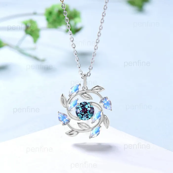 PENFINE Unique Nature Inspired Alexandrite Necklace Vintage Marquise and Pear Rainbow Blue Moonstone Necklace Snowflake Pendant Anniversary gift Necklaces PENFINE Unique Nature Inspired Alexandrite Necklace Vintage Marquise and Pear Rainbow Blue Moonstone Necklace Snowflake Pendant Anniversary gift Necklaces