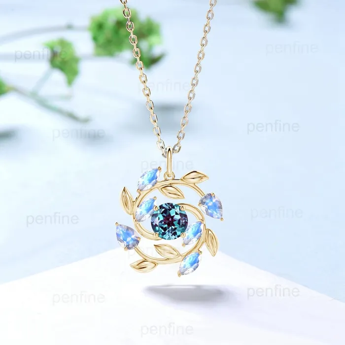PENFINE Unique Nature Inspired Alexandrite Necklace Vintage Marquise and Pear Rainbow Blue Moonstone Necklace Snowflake Pendant Anniversary gift Necklaces PENFINE Unique Nature Inspired Alexandrite Necklace Vintage Marquise and Pear Rainbow Blue Moonstone Necklace Snowflake Pendant Anniversary gift Necklaces