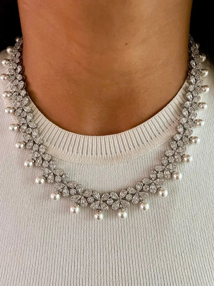 PRERTO ECOMMERCE PRIVATE LIMITED Necklaces Pearly Floral Dimonte Line Necklace Set PRERTO ECOMMERCE PRIVATE LIMITED Necklaces Pearly Floral Dimonte Line Necklace Set