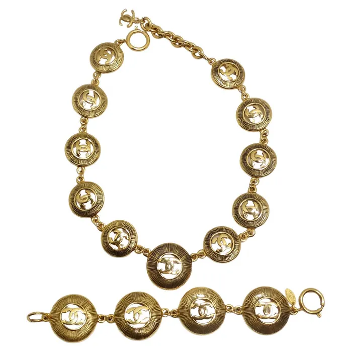 Vintage by Misty Chanel 1980s Logo Medallion Charm Necklace and Bracelet Set Bracelets Vintage by Misty Chanel 1980s Logo Medallion Charm Necklace and Bracelet Set Bracelets