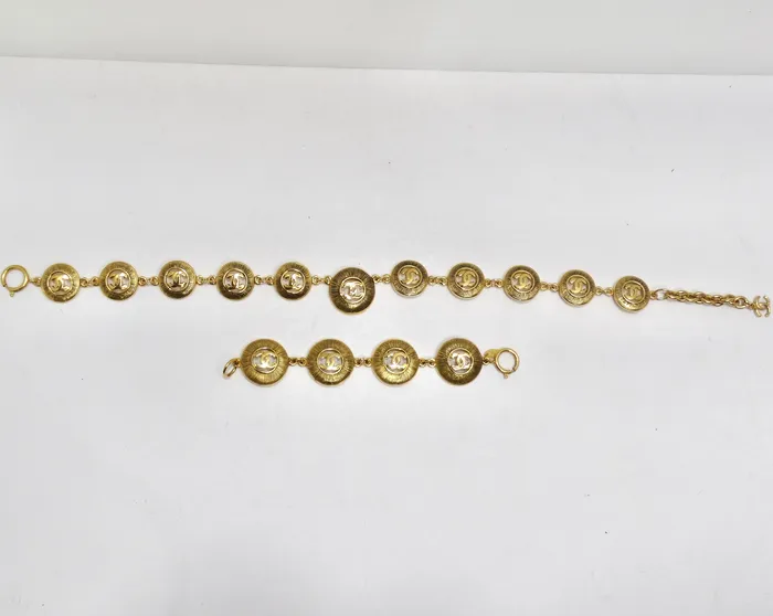 Vintage by Misty Chanel 1980s Logo Medallion Charm Necklace and Bracelet Set Bracelets