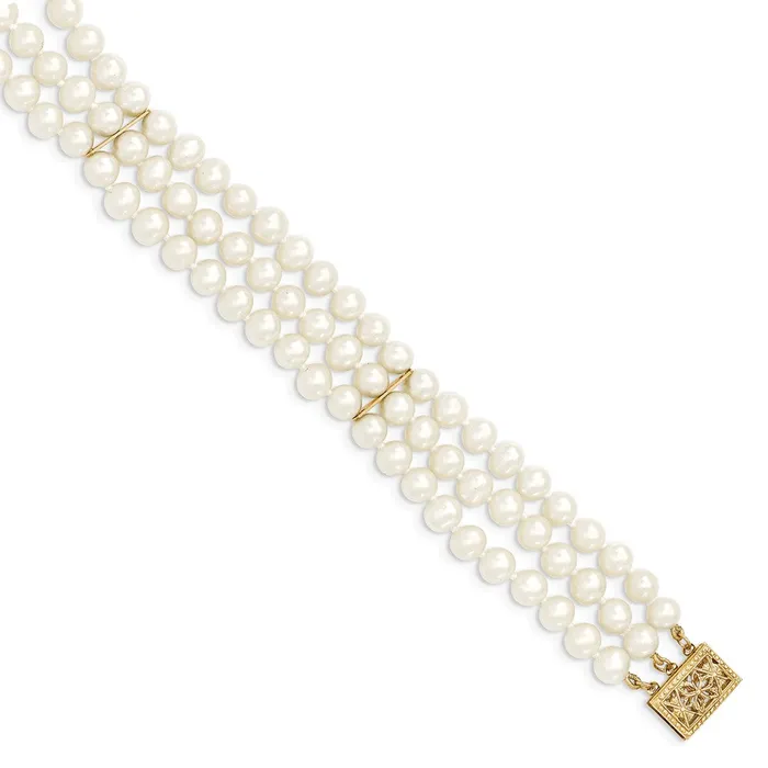 WB Choice Jewelry 14k 56mm White Near Round FW Cultured Pearl 3strand BraceletWBCPR1475 Bracelets WB Choice Jewelry 14k 56mm White Near Round FW Cultured Pearl 3strand BraceletWBCPR1475 Bracelets